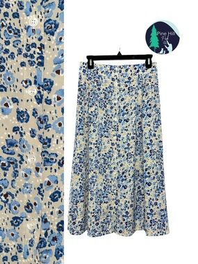 Dazy A-Line Midi Skirt Juniors Large Floral Beige Blue Button Front 90s Style